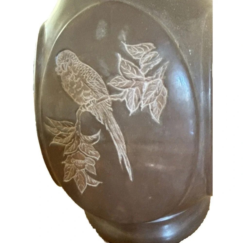 Signed Antique Chinese Asian Bronze Vase Urn Etched Birds Flower 10.5” X 7”